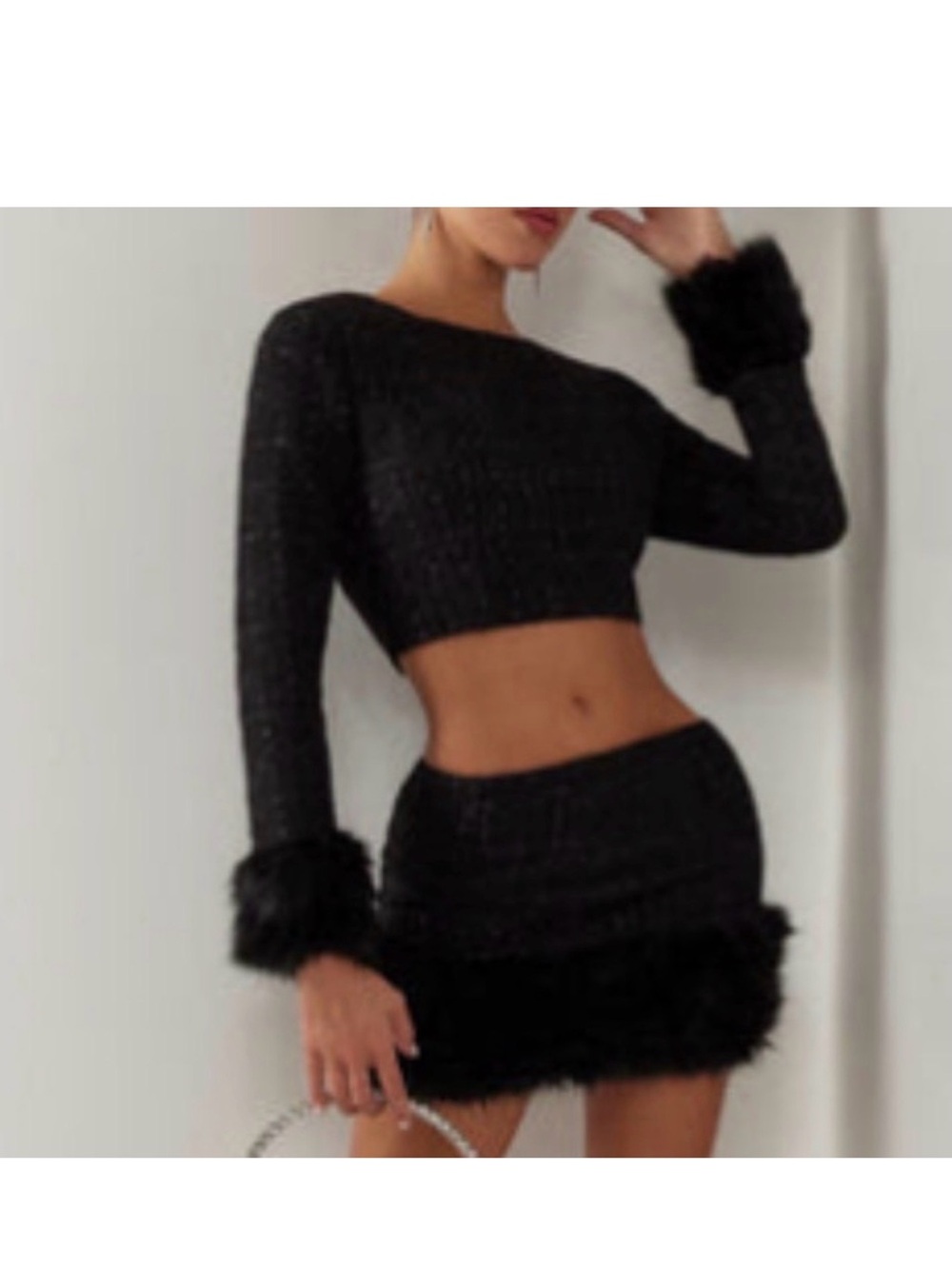 Black Faux-Fur Trim Knit Crop Top & Mini Skirt Set